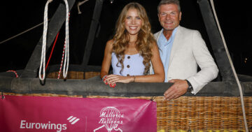 MALLORCA, SPAIN - AUGUST 19: Victoria Swarovski and Jens Bischof, CEO Eurowings, during the christening of the new Eurowings Hot Air Balloon on August 19, 2024 in Mallorca, Spain. (Photo by Franziska Krug/Eurowings via Getty Images)